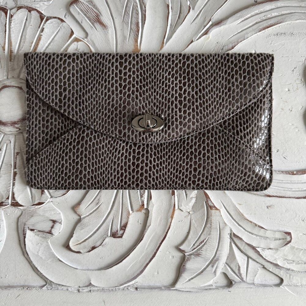 Sorial Rubina Coco snakeskin embossed leather slim clutch in a gray tan color